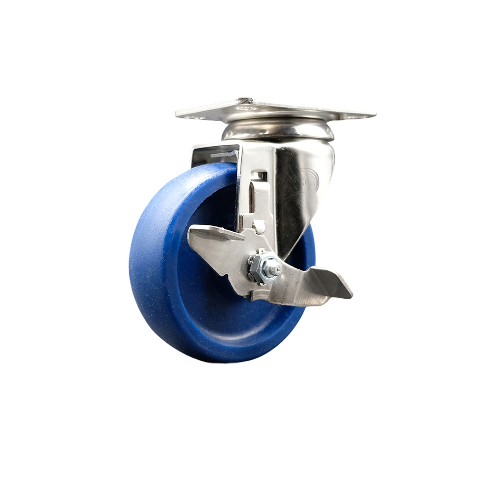 SCC-SS31620S414-SPUS-TLB Solid Polyurethane Swivel Top Plate Caster with 4 in. 316 Stainless Steel Blue Caster Wheel & Top Lock Brake