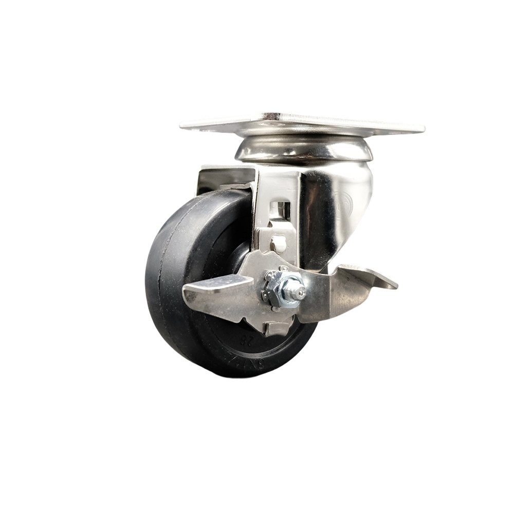 SCC-SS31620S3514-SRS-TLB Soft Rubber Swivel Top Plate Caster with 3.5 in. Black Caster Wheel & Top Lock Brake - 316 Stainless Steel Caster