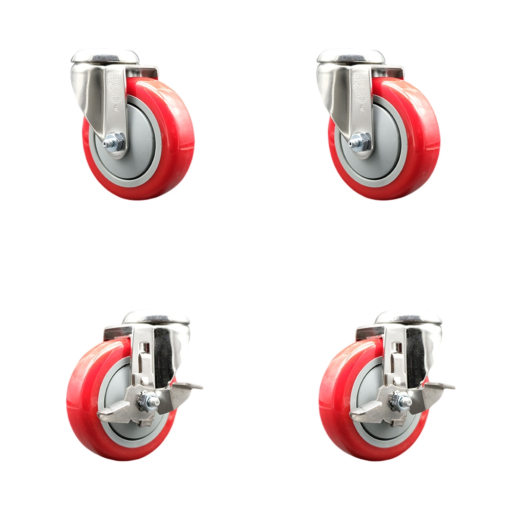SCC-SS316BH20S414-PPUB-RED-2-TLB-2 Polyurethane Swivel Bolt Hole Caster with 4 in. Red Caster Wheels - 316 Stainless Steel Casters - Set of 4