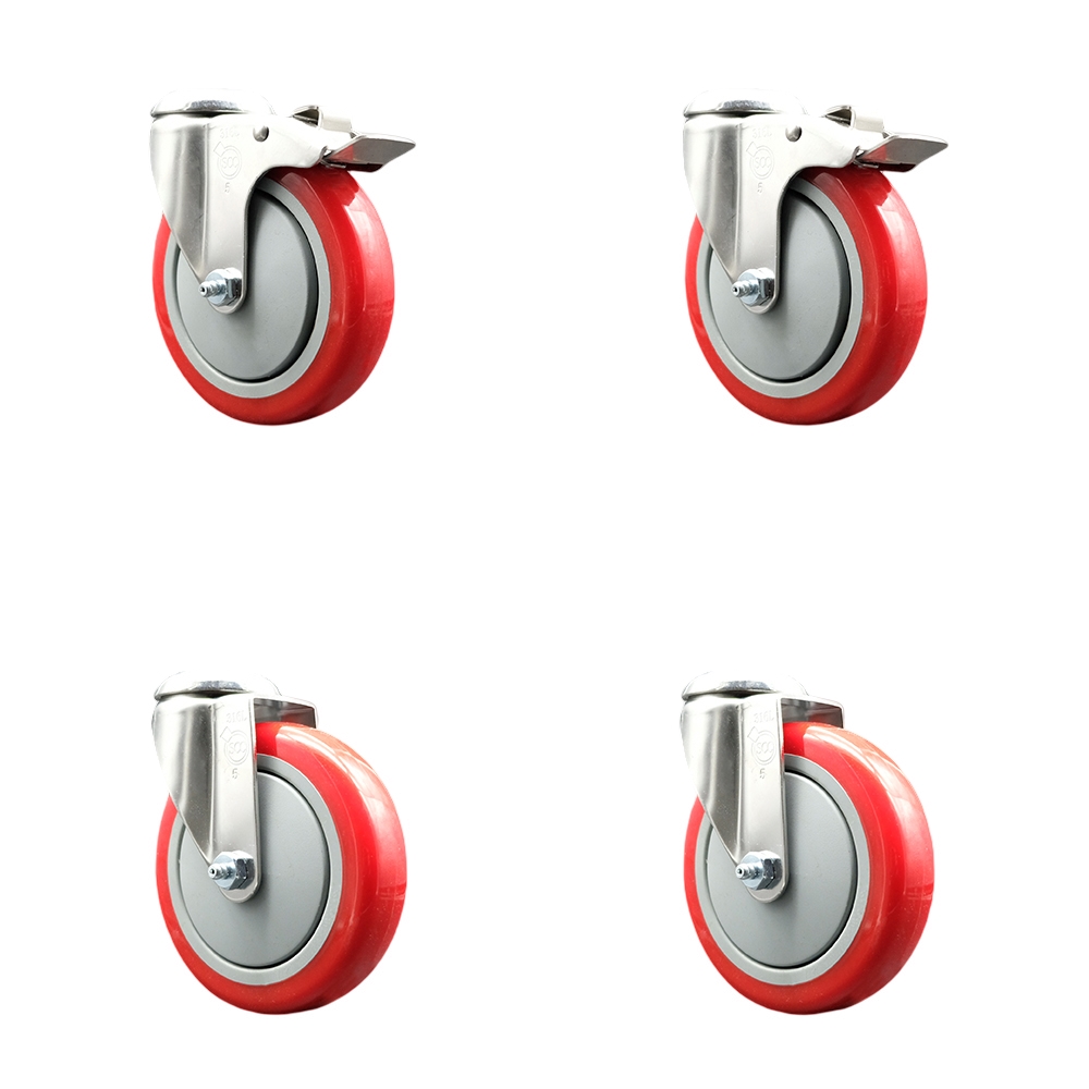 SCC-SS316BHTTL20S514-PPUB-RED-2-S-2 Polyurethane Swivel Bolt Hole Caster with 5 in. Red Caster Wheels - 316 Stainless Steel Casters - Set of 4