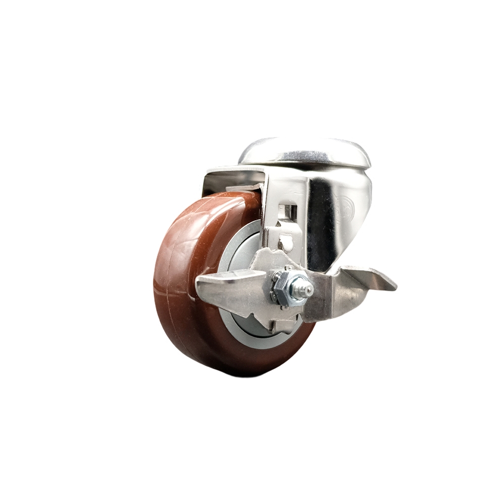 SCC-SS316BH20S314-PPUB-MRN-TLB Polyurethane Swivel Bolt Hole Caster with 3 in. Maroon Caster Wheel & Top Lock Brake - 316 Stainless Steel Caster