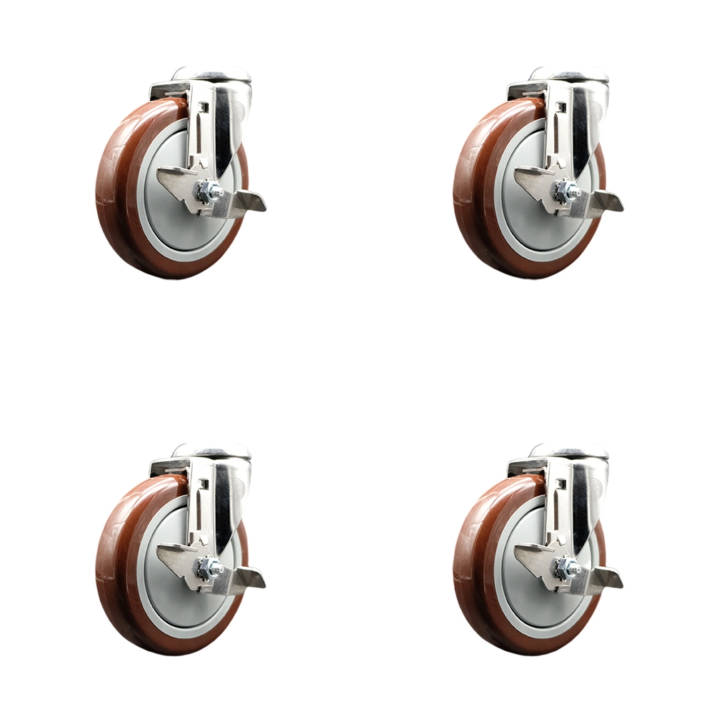 SCC-SS316BH20S514-PPUB-MRN-TLB-4 Polyurethane Swivel Bolt Hole Caster with 5 in. Maroon Caster Wheels - 316 Stainless Steel Casters - Set of 4