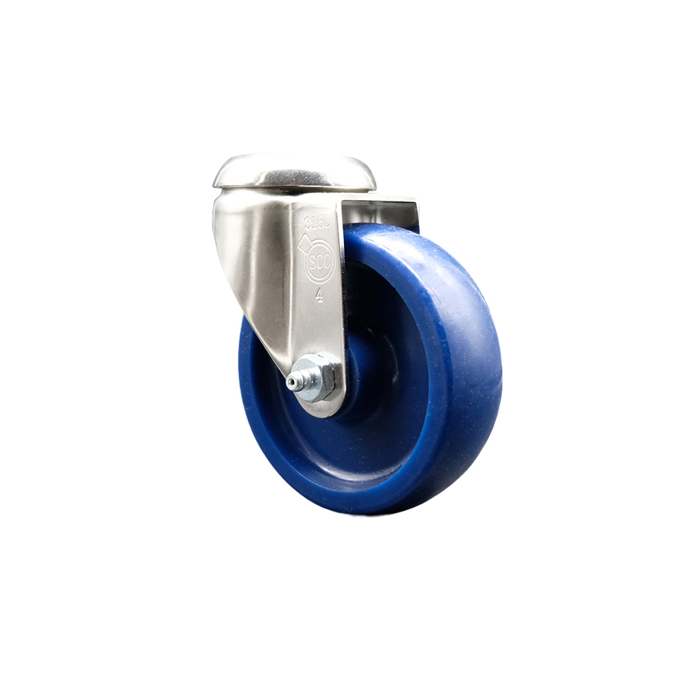 SCC-SS316BH20S414-SPUS Solid Polyurethane Swivel Bolt Hole Caster with 4 in. Blue Caster Wheel - 316 Stainless Steel Caster
