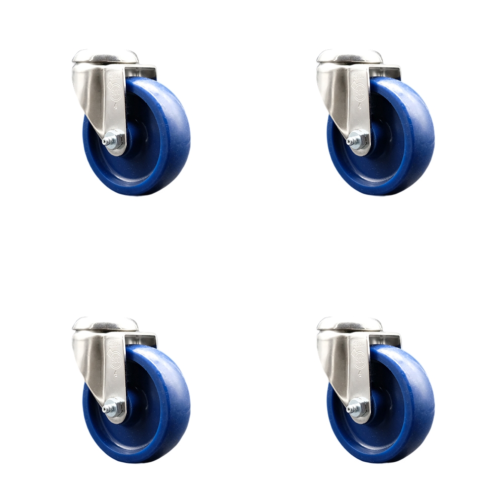 SCC-SS316BH20S414-SPUS-4 Solid Polyurethane Swivel Bolt Hole Caster with 4 in. Blue Caster Wheels - 316 Stainless Steel Casters - Set of 4