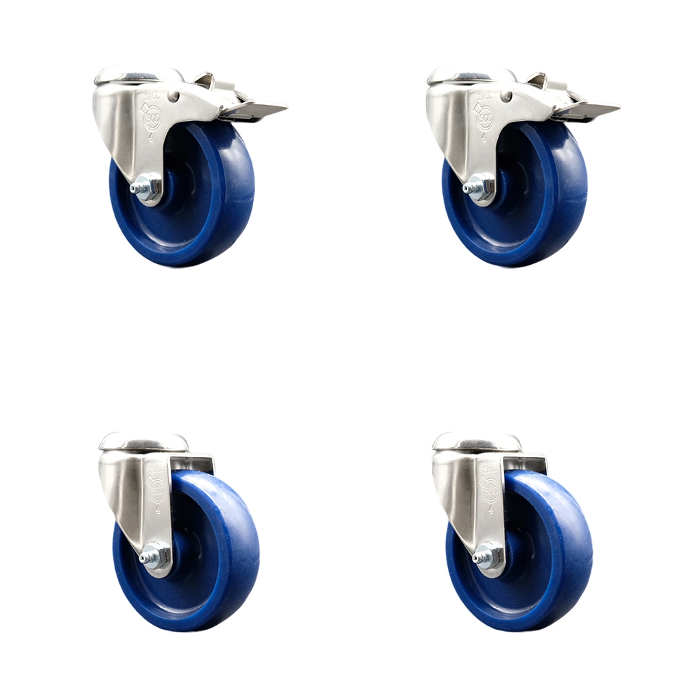 SCC-SS316BHTTL20S414-SPUS-2-S-2 Solid Polyurethane Swivel Bolt Hole Caster with 4 in. Blue Caster Wheels - 316 Stainless Steel Casters - Set of 4