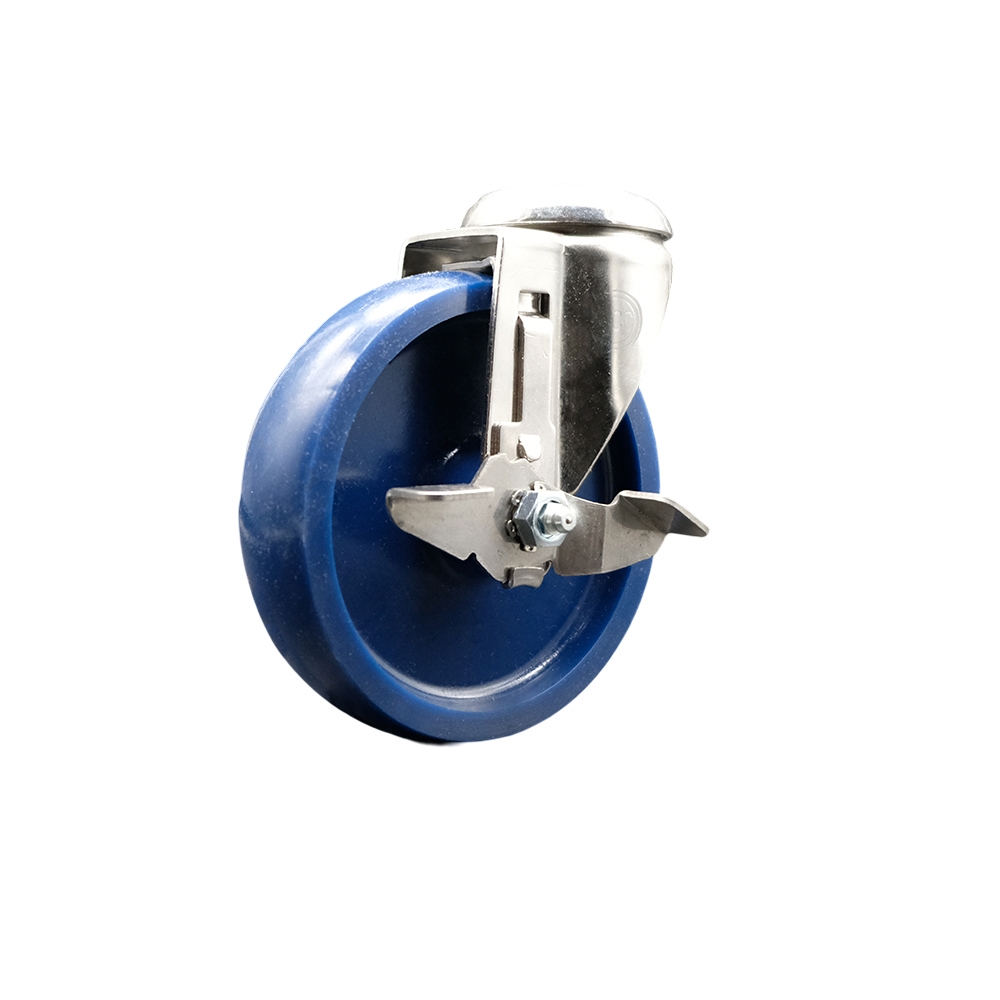 SCC-SS316BH20S514-SPUS-TLB Solid Polyurethane Swivel Bolt Hole Caster with 5 in. Blue Caster Wheel & Top Lock Brake - 316 Stainless Steel Caster