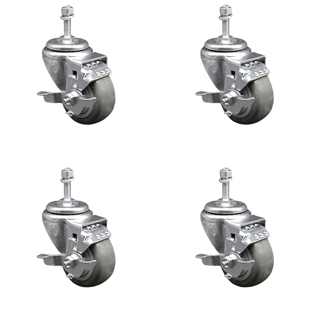 Stainless Steel Polyurethane Swivel Threaded Stem Caster with 3.5 x 1.25 in. Gray Wheels & 0.38 in. Stems - Set of 4