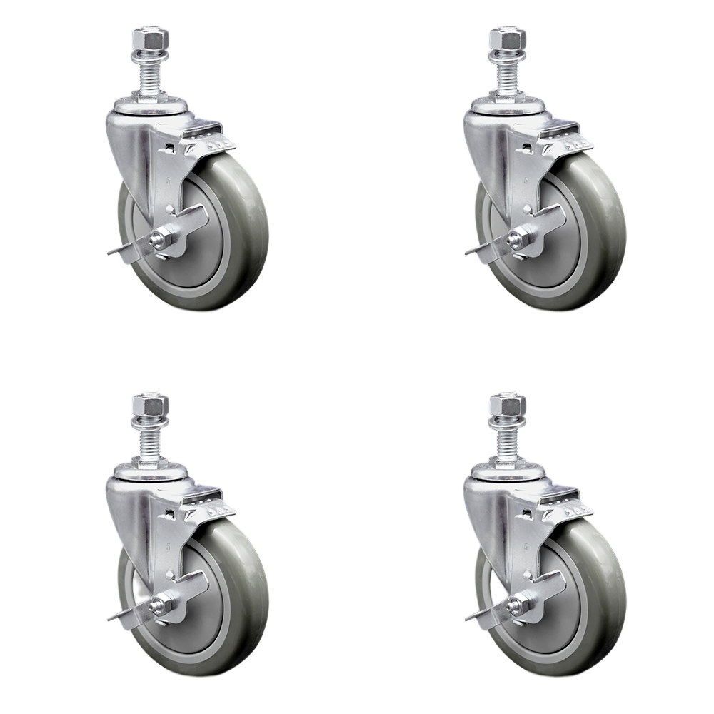 SCC-SSTS20S514-PPUB-TLB-M1215-4 Stainless Steel Polyurethane Swivel Threaded Stem Caster with 5 x 1.25 in. Gray Wheels & 12 mm Stems - Set of 4