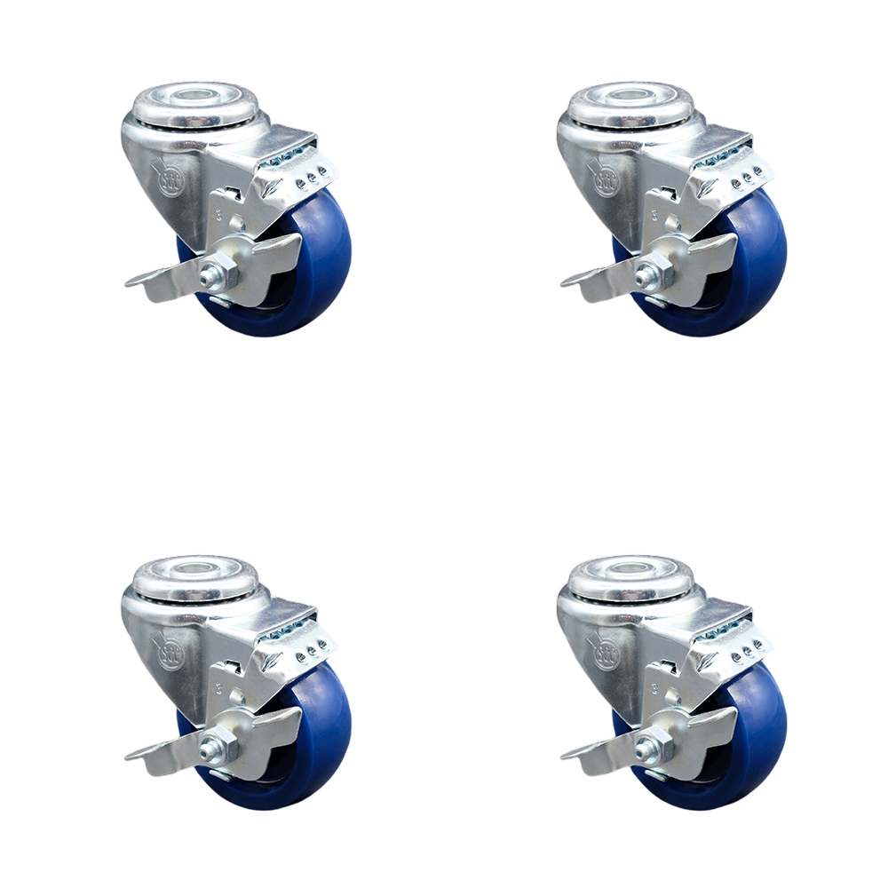 SCC-SSBH20S314-SPUS-TLB-4 Stainless Steel Solid Polyurethane Swivel Bolt Hole Caster with 3 x 1.25 in. Blue Wheels - Set of 4