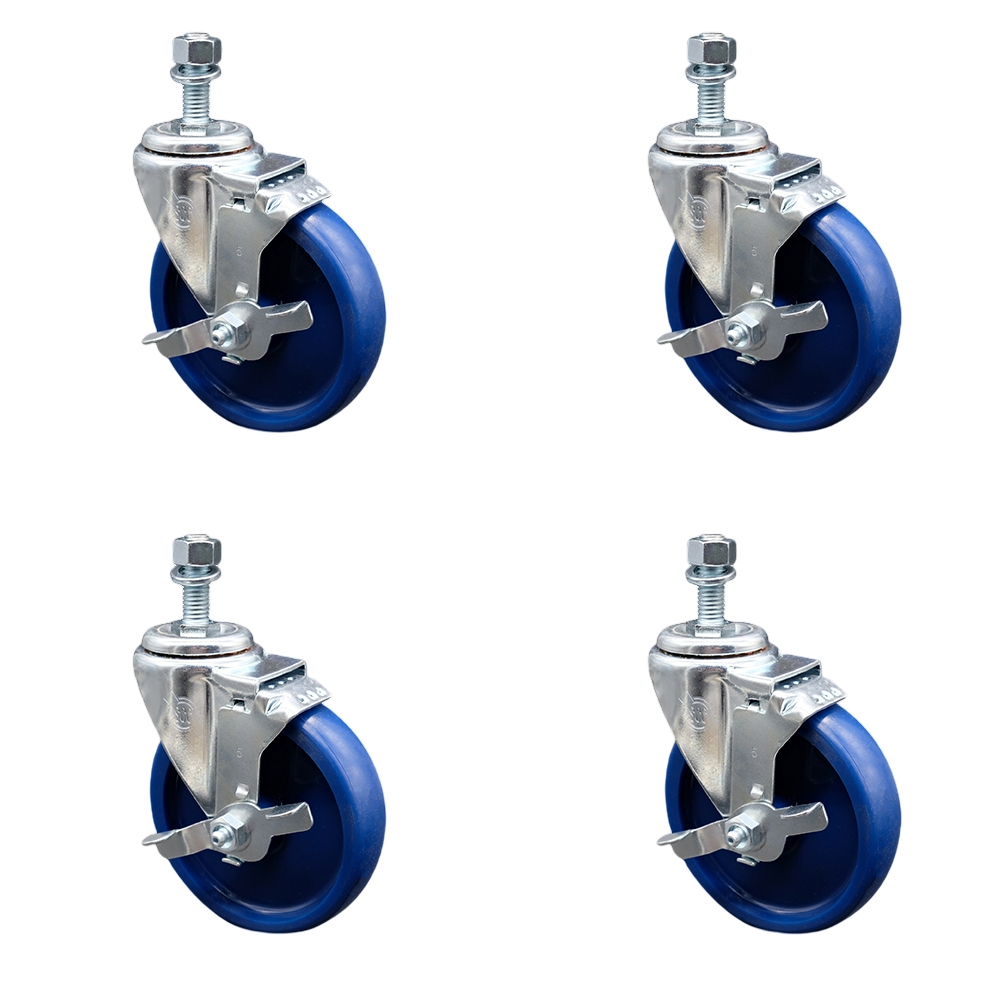 SCC-TS20S514-SPUS-TLB-381615-4 Solid Polyurethane Swivel Threaded Stem Caster with 5 x 1.25 in. Blue Wheels & 0.38 in. Stems - Set of 4