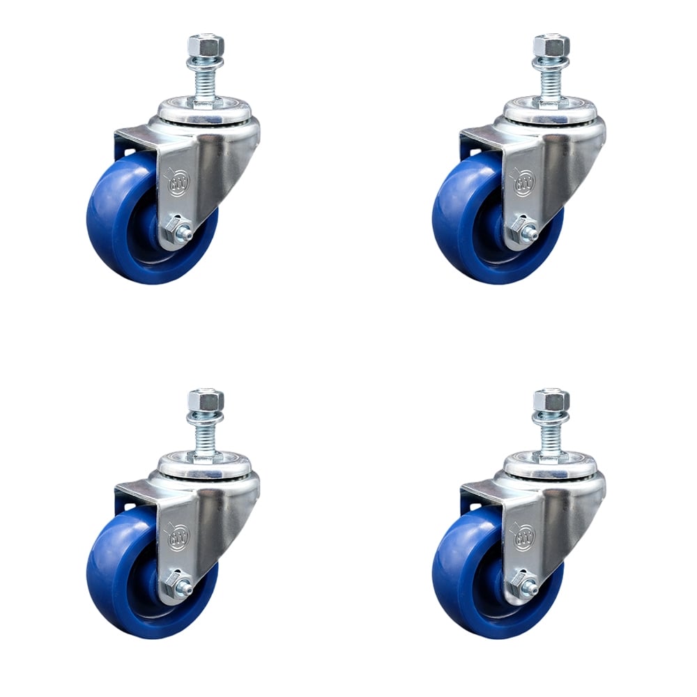 SCC-SSTS20S3514-SPUS-M1015-4 Stainless Steel Solid Polyurethane Swivel Threaded Stem Caster with 3.5 x 1.25 in. Blue Wheels & 10 mm Stems - Set of 4
