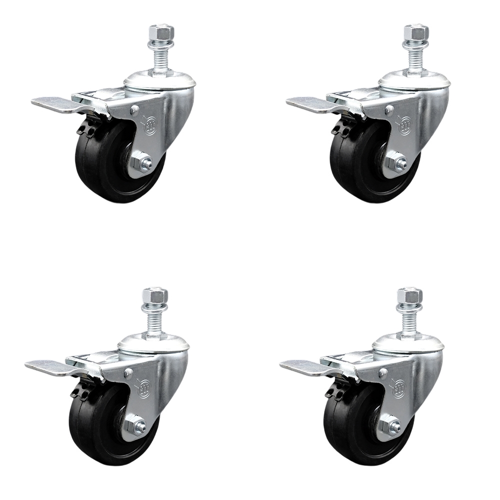 Stainless Steel Soft Rubber Swivel Threaded Stem Caster with 3.5 x 1.25 in. Black Wheels & 0.38 in. Stems - Set of 4