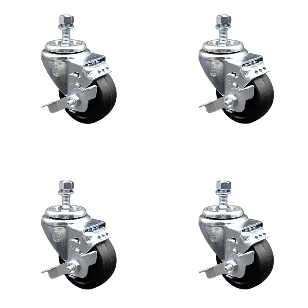 SCC-TS20S3514-SRS-TLB-M1215-4 Soft Rubber Swivel Threaded Stem Caster with 3.5 x 1.25 in. Black Wheels & 12 mm Stems - Set of 4