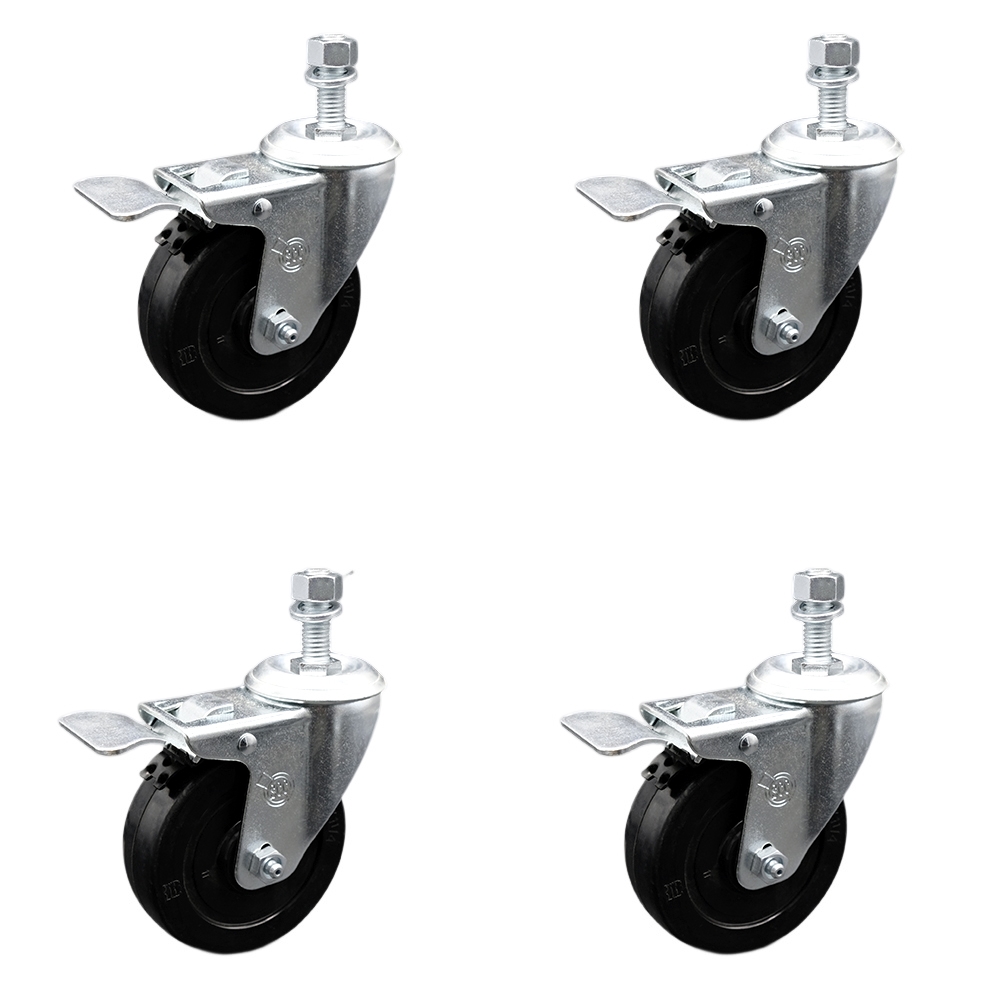 SCC-SSSSTSTTL20S414-SRS-M1215-4 Stainless Steel Soft Rubber Swivel Threaded Stem Caster with 4 x 1.25 in. Black Wheels & 12 mm Stems - Set of 4