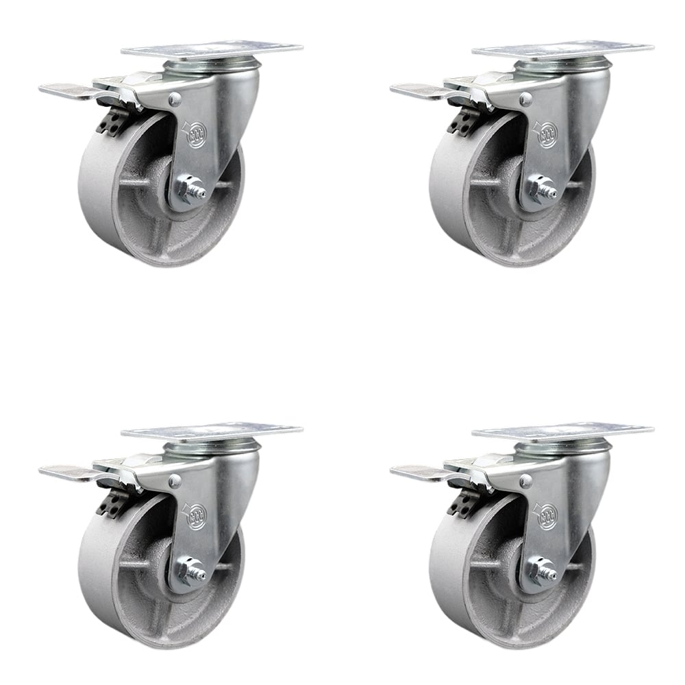 SCC-TTL20S415-SSR-4 Semi Steel Cast Iron Swivel Top Plate Caster with Roller Bearings - 4 in. Silver Wheels - Set of 4