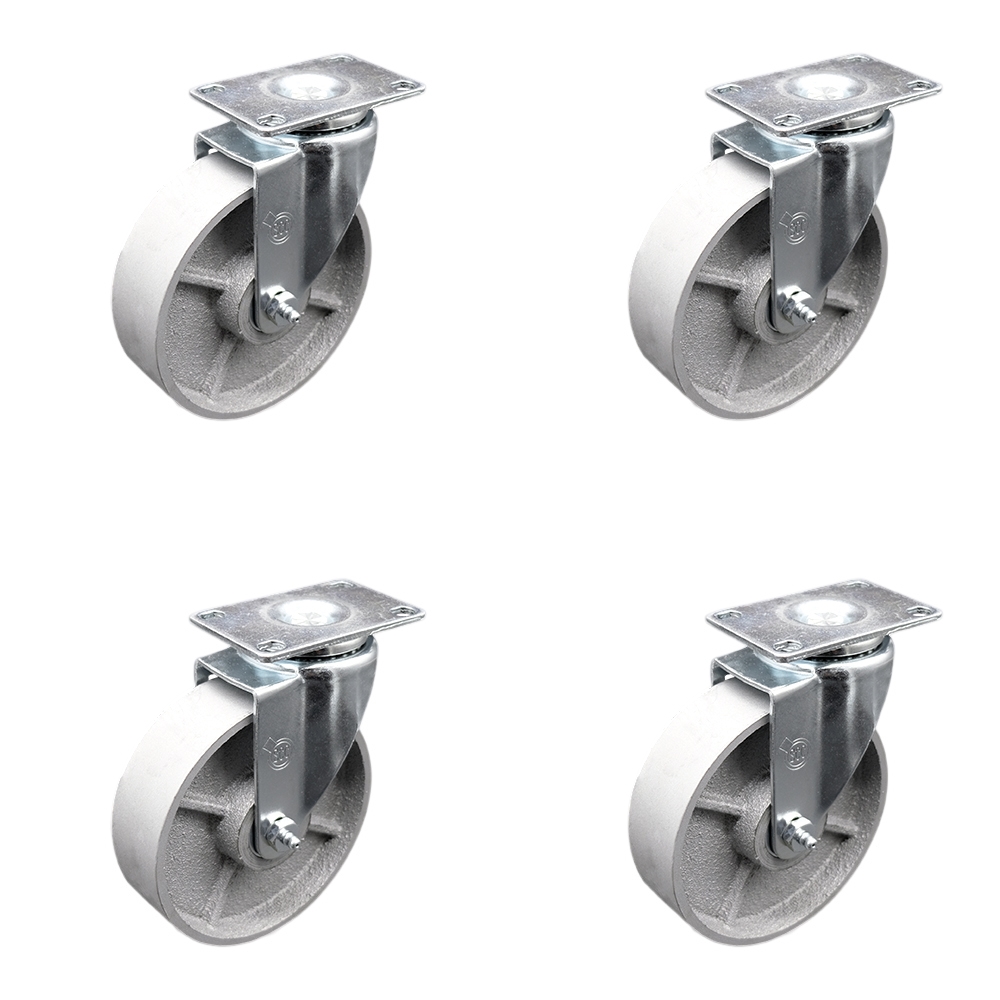 SCC-20S515-SSR-4 Semi Steel Cast Iron Swivel Top Plate Caster with Roller Bearings - 5 in. Silver Wheels - Set of 4