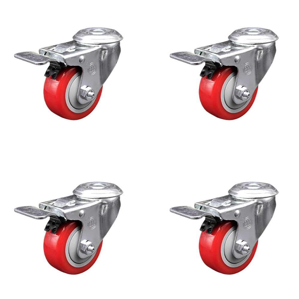 SCC-SSBHTTL20S3514-PPUB-RED-4 Stainless Steel Polyurethane Swivel Bolt Hole Caster with 3.5 x 1.25 in. Red Wheels - Set of 4