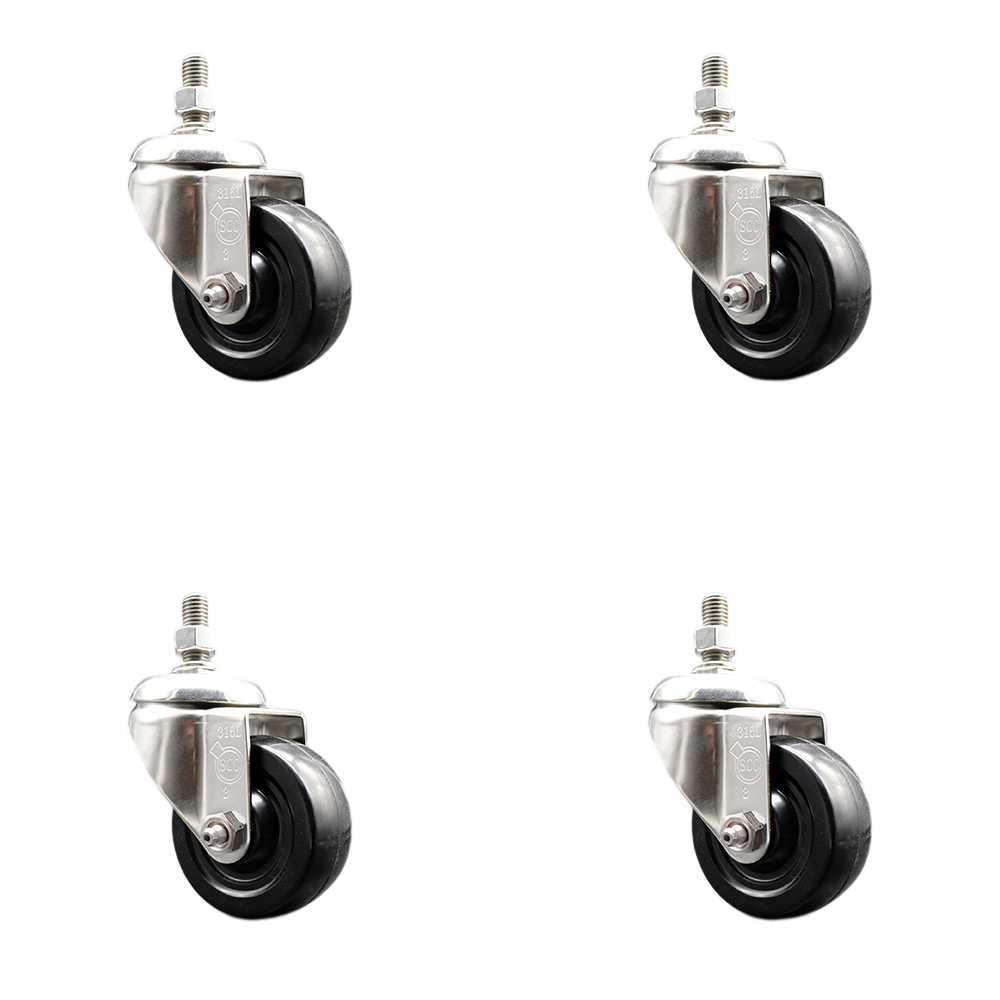Hard Rubber Swivel Stem Caster with 3 in. Caster Wheels, 12 mm Threaded Stems - 316 Stainless Steel Casters - Set of 4