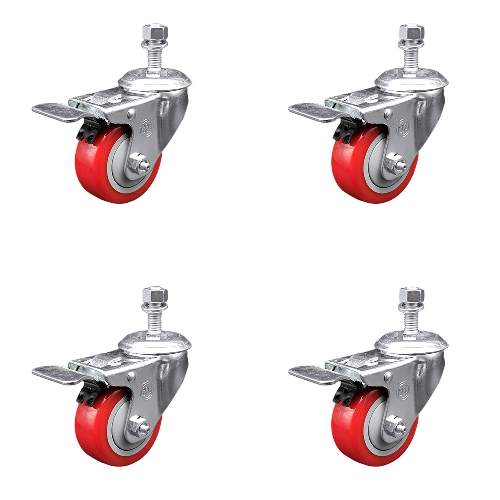 Stainless Steel Polyurethane Swivel Threaded Stem Caster with 3.5 x 1.25 in. Red Wheels & 0.5 in. Stems - Set of 4