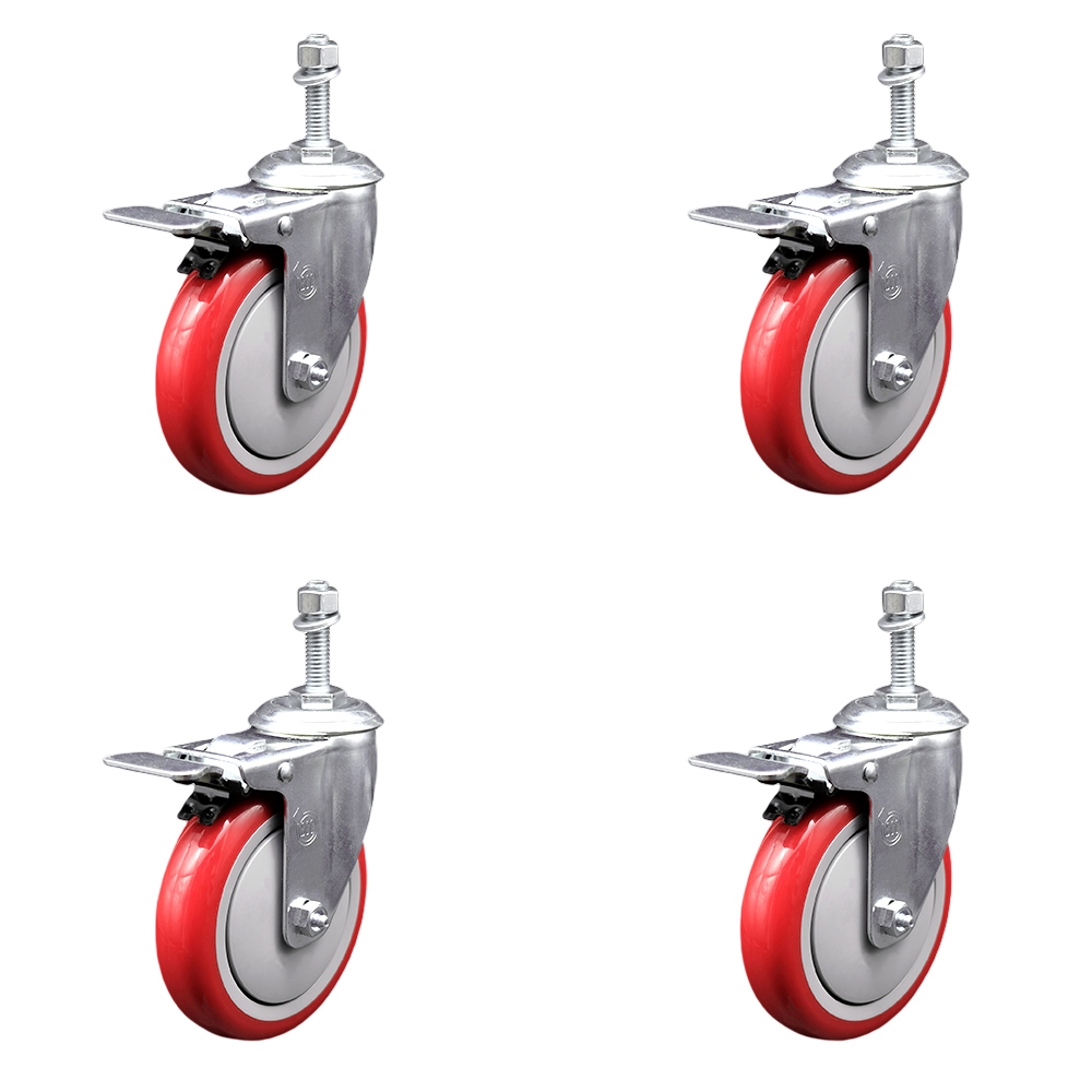 SCC-TSTTL20S514-PPUB-RED-M1015-4 Polyurethane Swivel Threaded Stem Caster with 5 x 1.25 in. Red Wheels & 10 mm Stems - Set of 4
