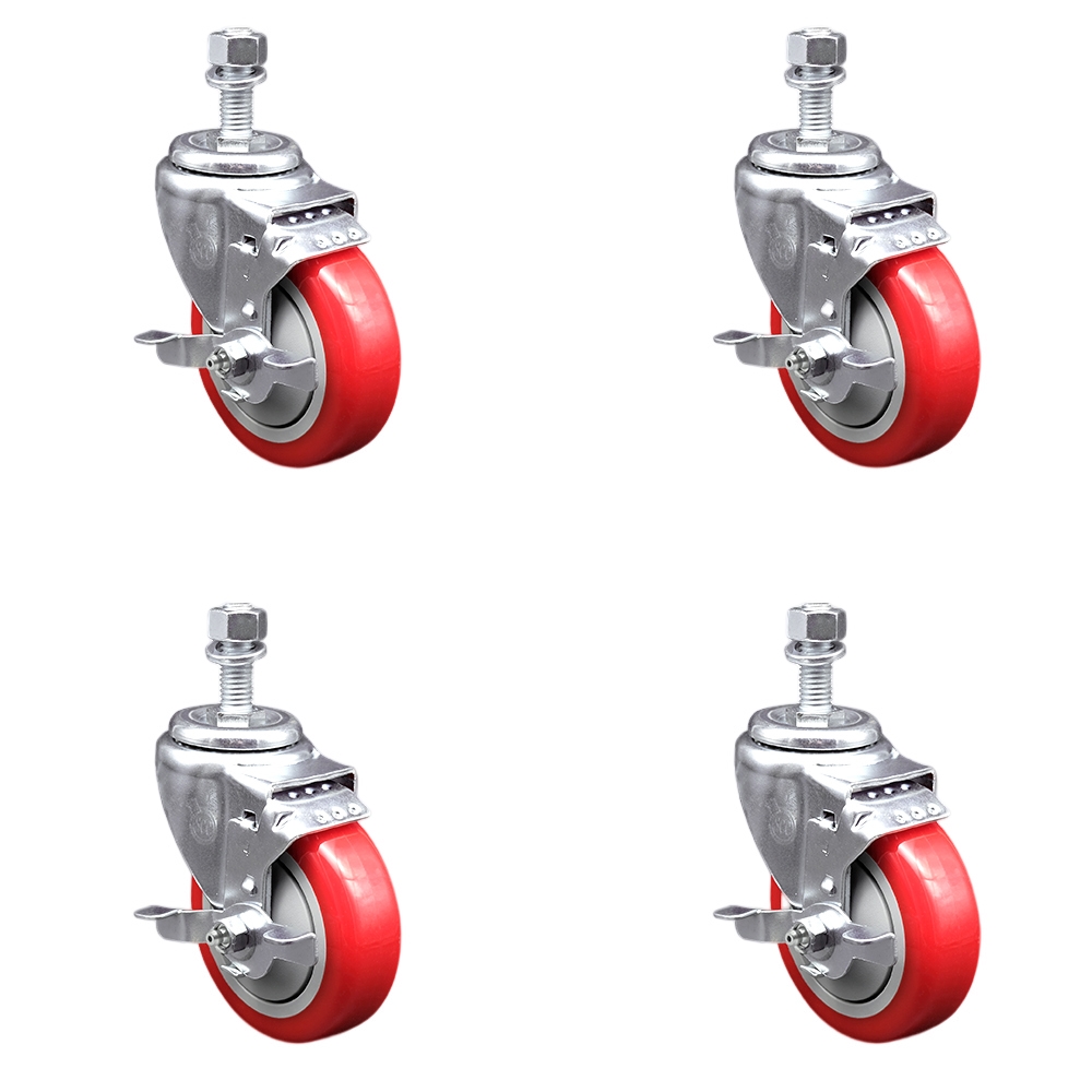 SCC-SSTS20S414-PPUB-RED-TLB-M1215-4 Stainless Steel Polyurethane Swivel Threaded Stem Caster with 4 x 1.25 in. Red Wheels & 12 mm Stems - Set of 4