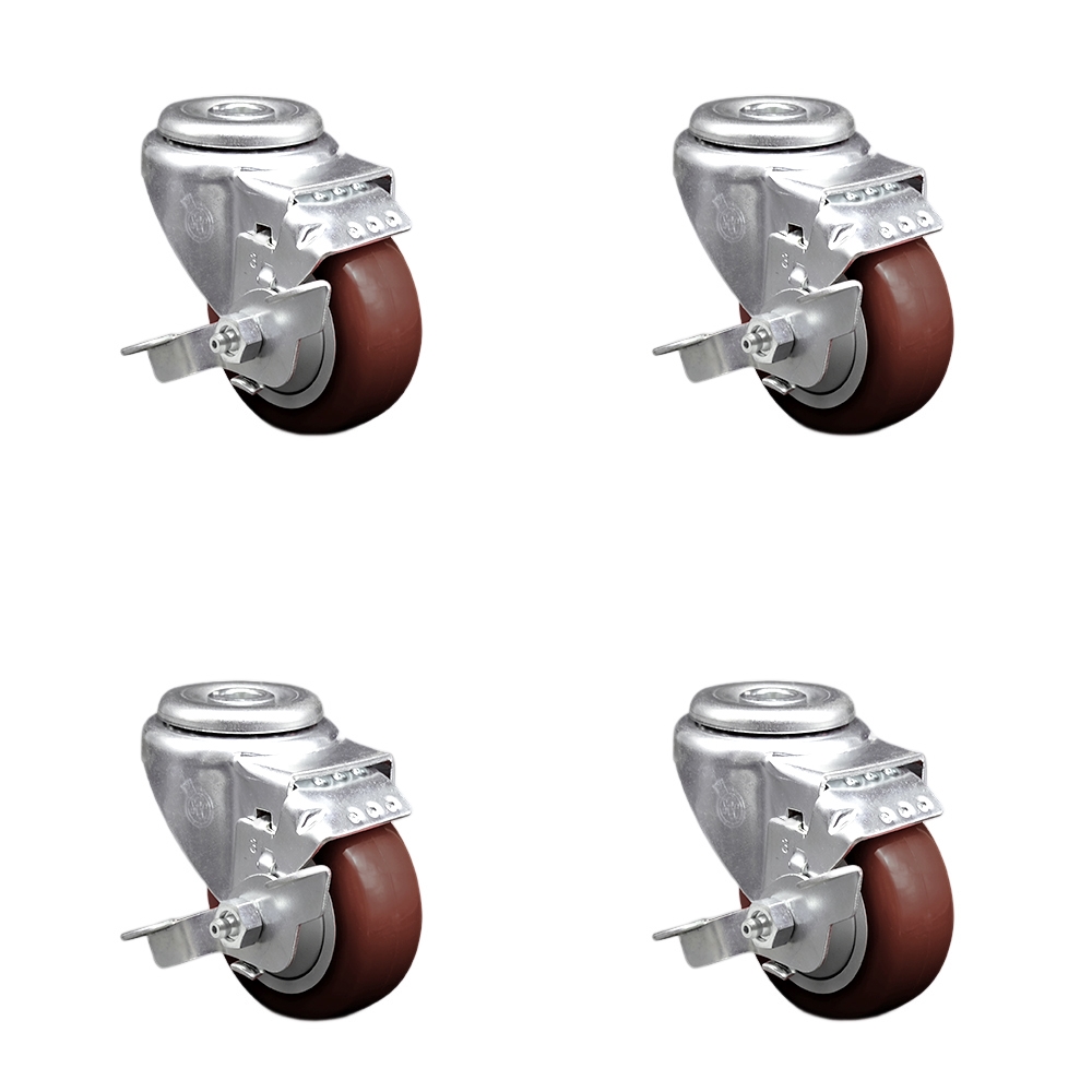 SCC-SSBH20S3514-PPUB-MRN-TLB-4 Stainless Steel Polyurethane Swivel Bolt Hole Caster with 3.5 x 1.25 in. Maroon Wheels - Set of 4