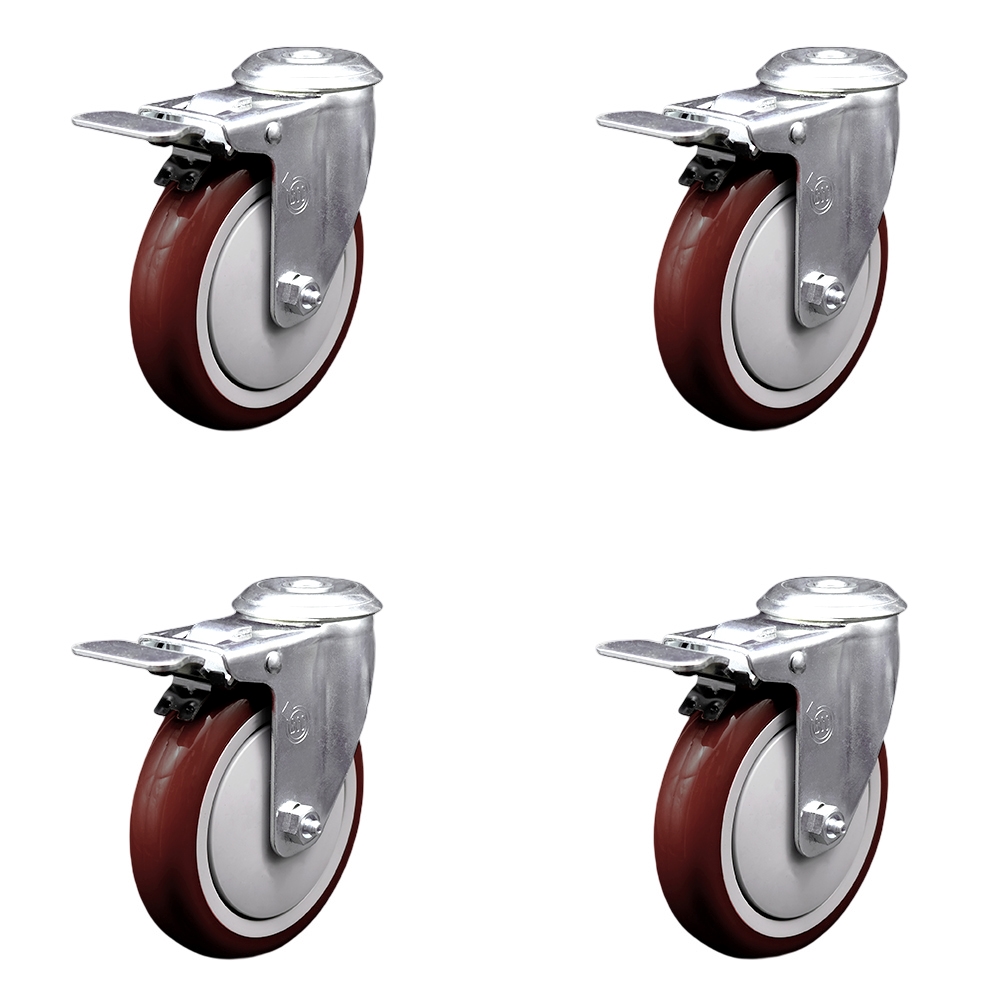 SCC-SSBHTTL20S514-PPUB-MRN-4 Stainless Steel Polyurethane Swivel Bolt Hole Caster with 5 x 1.25 in. Maroon Wheels - Set of 4