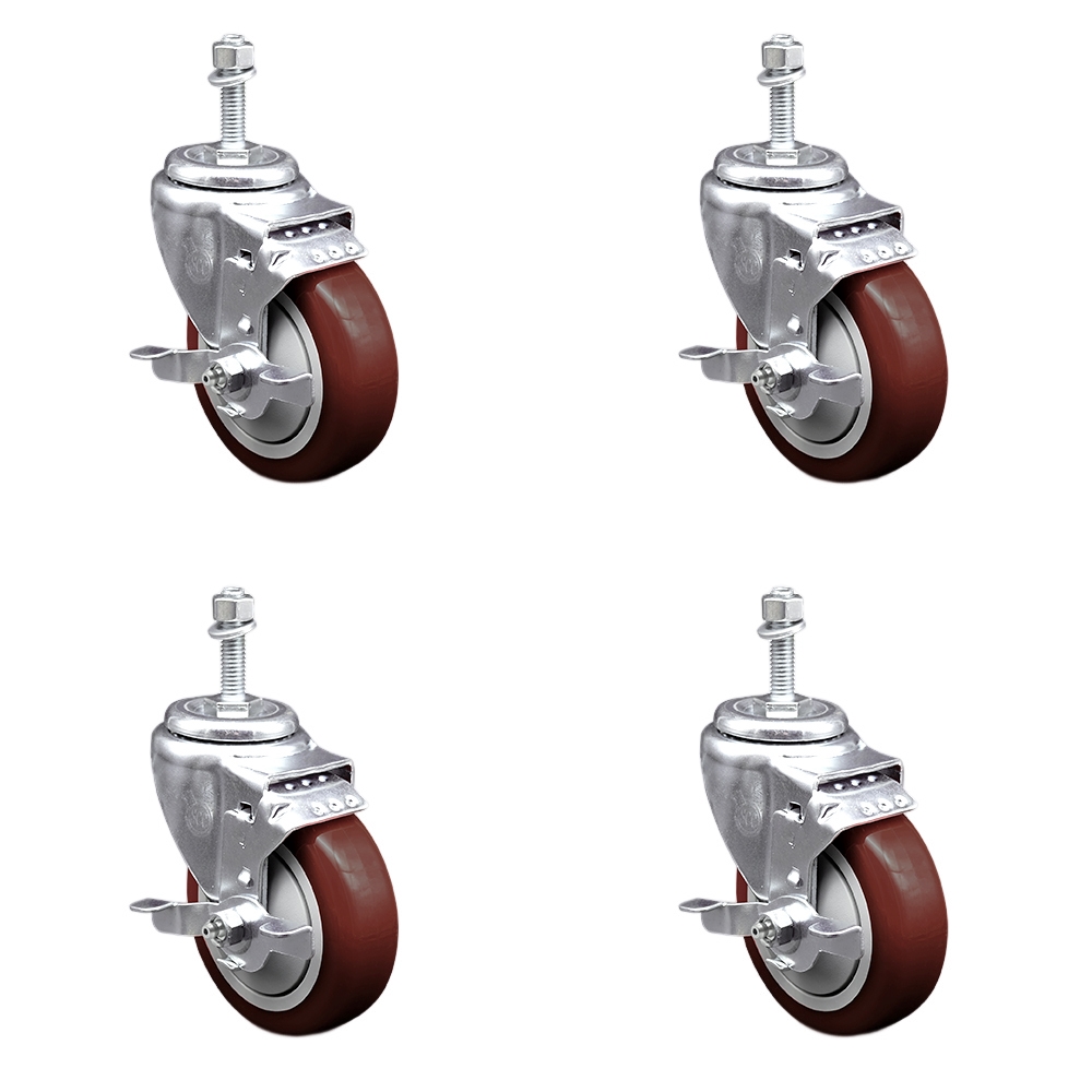 SCC-TS20S414-PPUB-MRN-TLB-381615-4 Polyurethane Swivel Threaded Stem Caster with 4 x 1.25 in. Maroon Wheels & 0.38 in. Stems - Set of 4