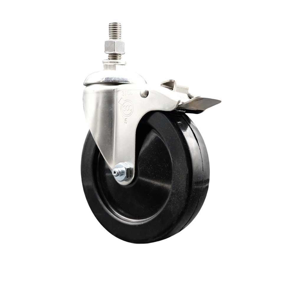 Hard Rubber Swivel Stem Caster with 5 in. Black Caster Wheel & Total Lock Brake, 12 mm Threaded Stem - 316 Stainless Steel Casters