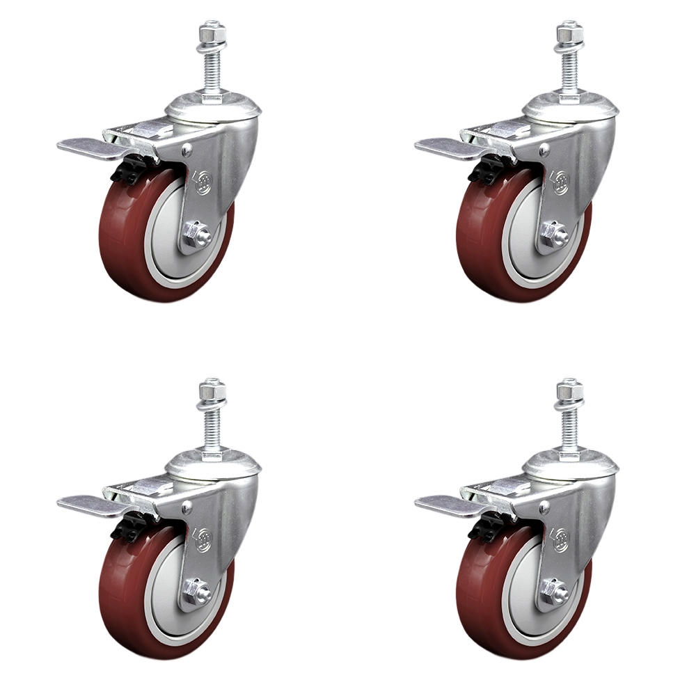Stainless Steel Polyurethane Swivel Threaded Stem Caster with 4 x 1.25 in. Maroon Wheels & 0.38 in. Stems - Set of 4