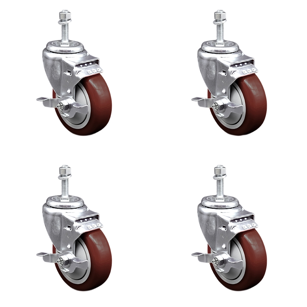 SCC-TS20S414-PPUB-MRN-TLB-M1015-4 Polyurethane Swivel Threaded Stem Caster with 4 x 1.25 in. Maroon Wheels & 10 mm Stems - Set of 4