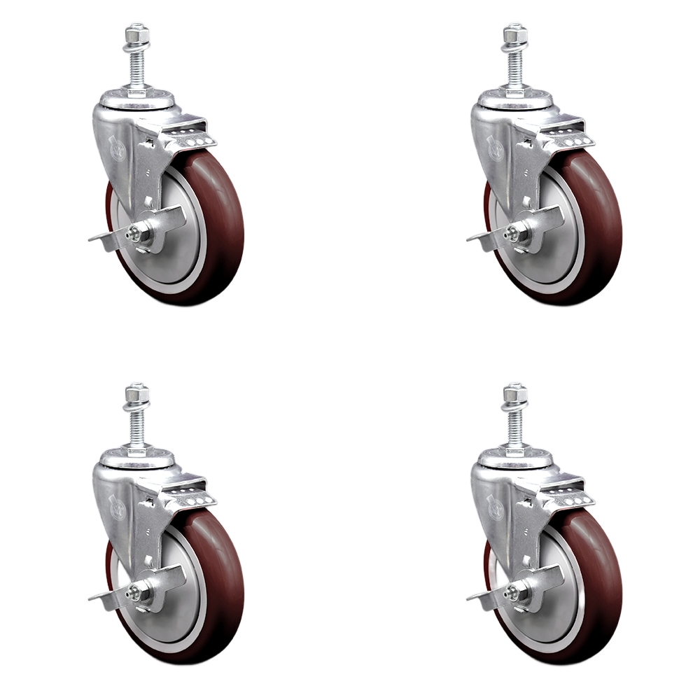 SCC-SSTS20S514-PPUB-MRN-TLB-M1015-4 Stainless Steel Polyurethane Swivel Threaded Stem Caster with 5 x 1.25 in. Maroon Wheels & 10 mm Stems - Set of 4