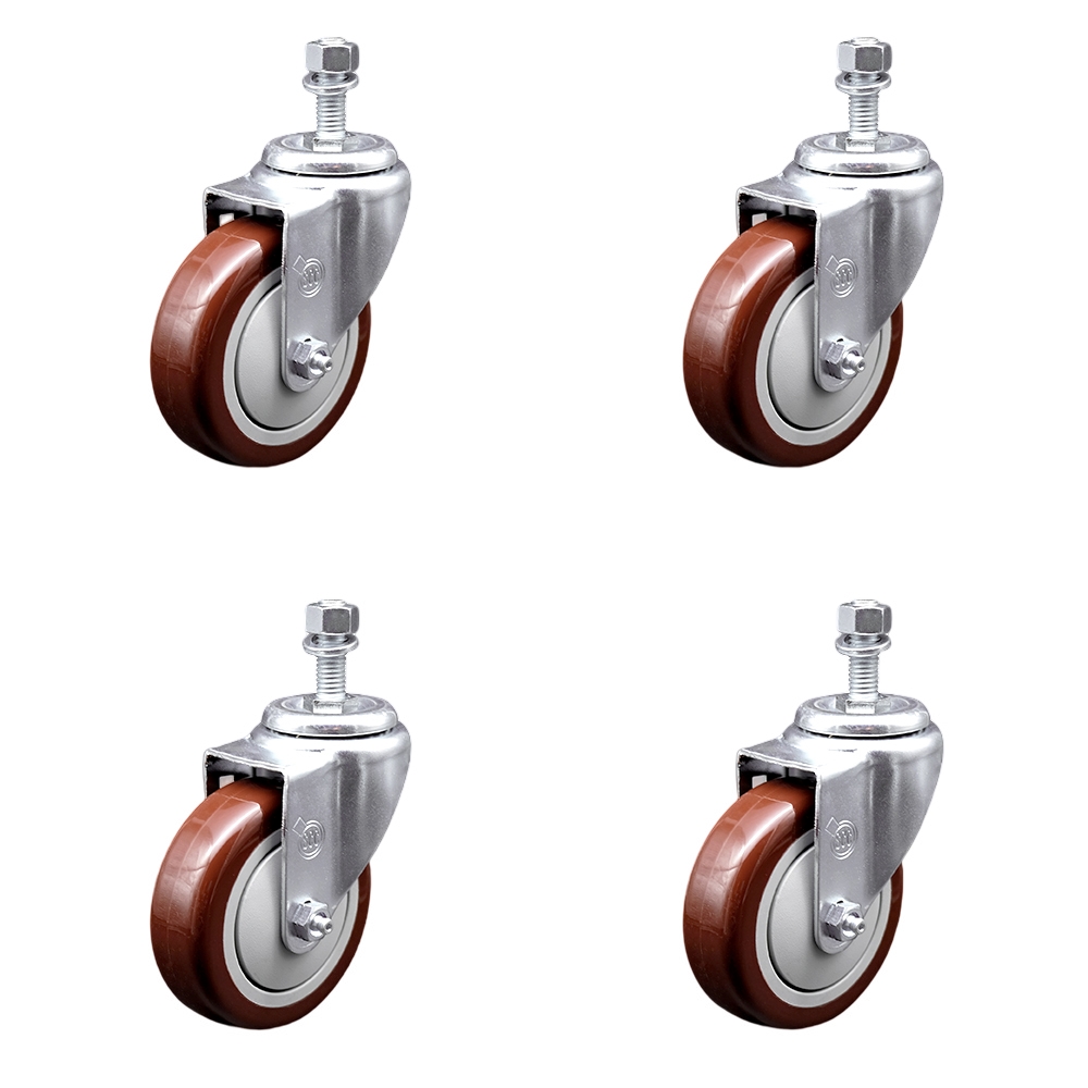SCC-TS20S414-PPUB-MRN-M1215-4 Polyurethane Swivel Threaded Stem Caster with 4 x 1.25 in. Maroon Wheels & 12 mm Stems - Set of 4