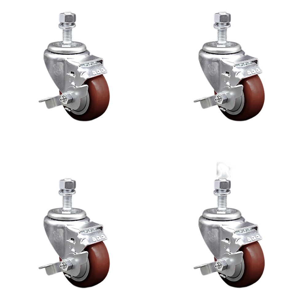 Stainless Steel Polyurethane Swivel Threaded Stem Caster with 3.5 x 1.25 in. Maroon Wheels & 12 mm Stems - Set of 4