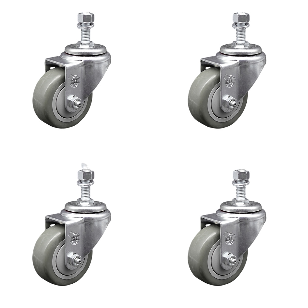 SCC-SSTS20S314-PPUB-121315-4 Stainless Steel Polyurethane Swivel Threaded Stem Caster with 3 x 1.25 in. Gray Wheels & 0.5 in. Stems - Set of 4