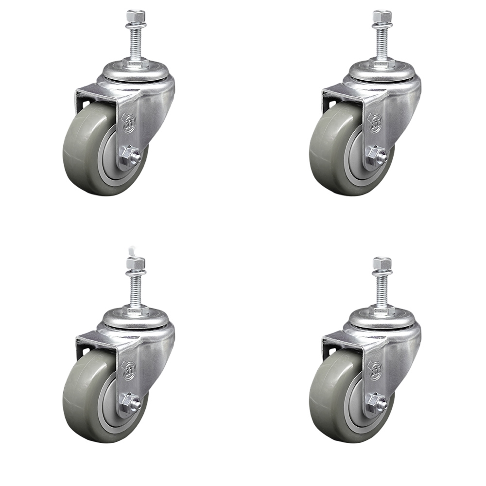 SCC-SSTS20S3514-PPUB-381615-4 Stainless Steel Polyurethane Swivel Threaded Stem Caster with 3.5 x 1.25 in. Gray Wheels & 0.38 in. Stems - Set of 4
