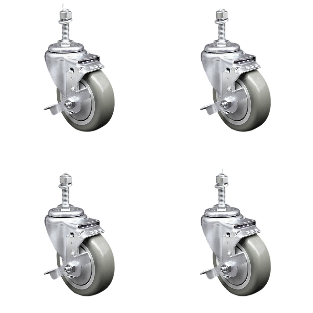 SCC-SSTS20S414-PPUB-TLB-381615-4 Stainless Steel Polyurethane Swivel Threaded Stem Caster with 4 x 1.25 in. Gray Wheels & 0.38 in. Stems - Set of 4