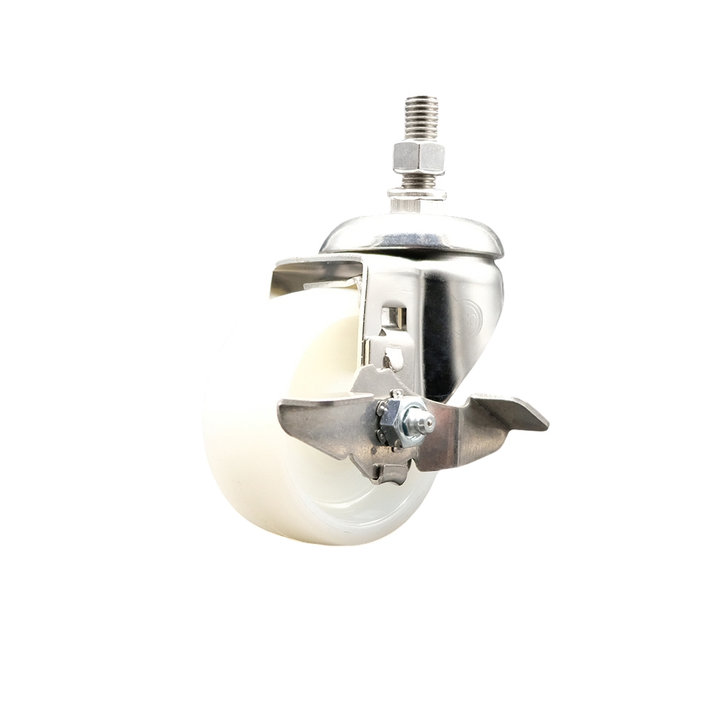 Nylon Swivel Stem Caster with 3 in. White Caster Wheel & Top Lock Brake, 0.5 in. Threaded Stem - 316 Stainless Steel Caster