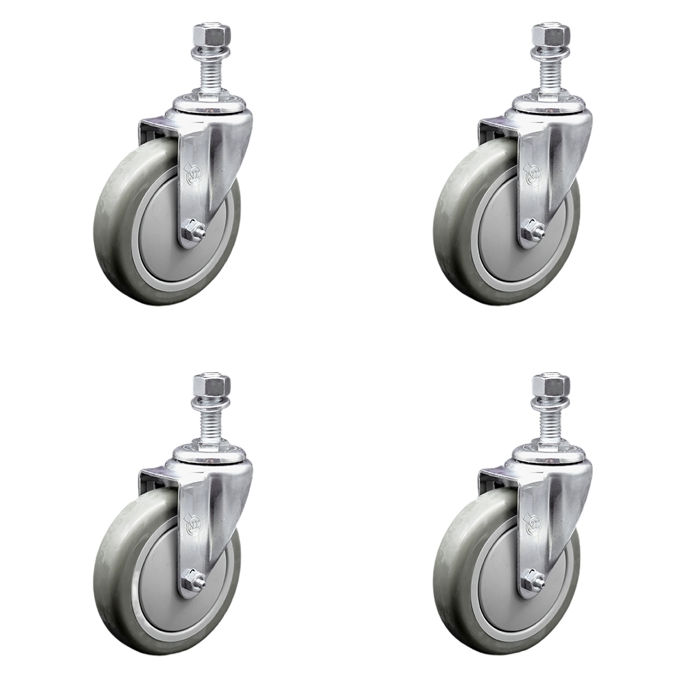 SCC-SSTS20S514-PPUB-M1215-4 Stainless Steel Polyurethane Swivel Threaded Stem Caster with 5 x 1.25 in. Gray Wheels & 12 mm Stems - Set of 4