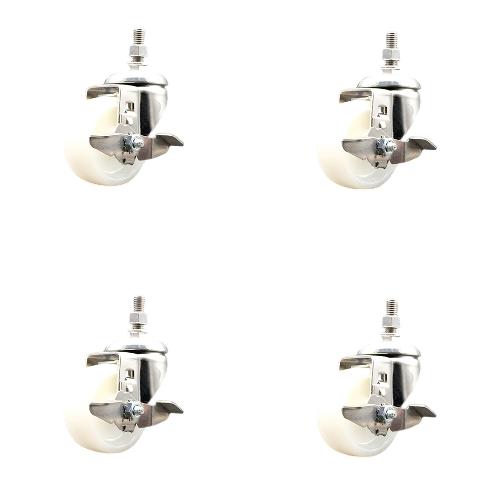 Nylon Swivel Stem Caster with 3 in. Caster Wheels, 0.5 in. Threaded Stems - 316 Stainless Steel Casters - Set of 4