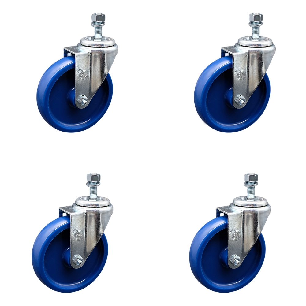 SCC-SSTS20S514-SPUS-M1015-4 Stainless Steel Solid Polyurethane Swivel Threaded Stem Caster with 5 x 1.25 in. Blue Wheels & 10 mm Stems - Set of 4