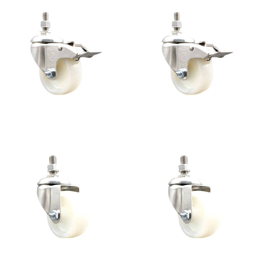 Nylon Swivel Stem Caster with 3 in. Caster Wheels, 0.5 in. Threaded Stems - 316 Stainless Steel Casters - Set of 4