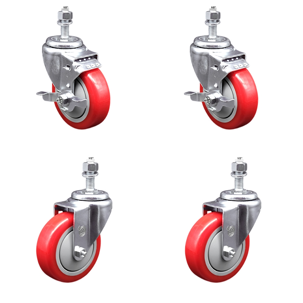 Stainless Steel Polyurethane Swivel Threaded Stem Caster with 4 x 1.25 in. Red Wheels & 0.5 in. Stems - Set of 4