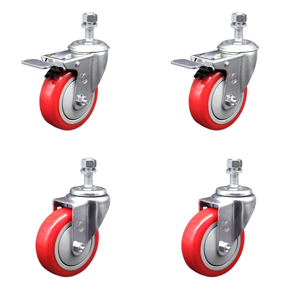 Stainless Steel Polyurethane Swivel Threaded Stem Caster with 4 x 1.25 in. Red Wheels & 0.5 in. Stems - Set of 4