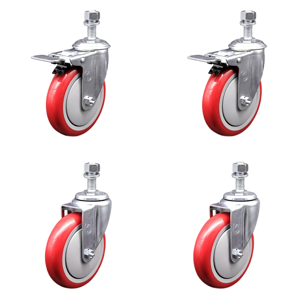 Stainless Steel Polyurethane Swivel Threaded Stem Caster with 5 x 1.25 in. Red Wheels & 0.5 in. Stems - Set of 4