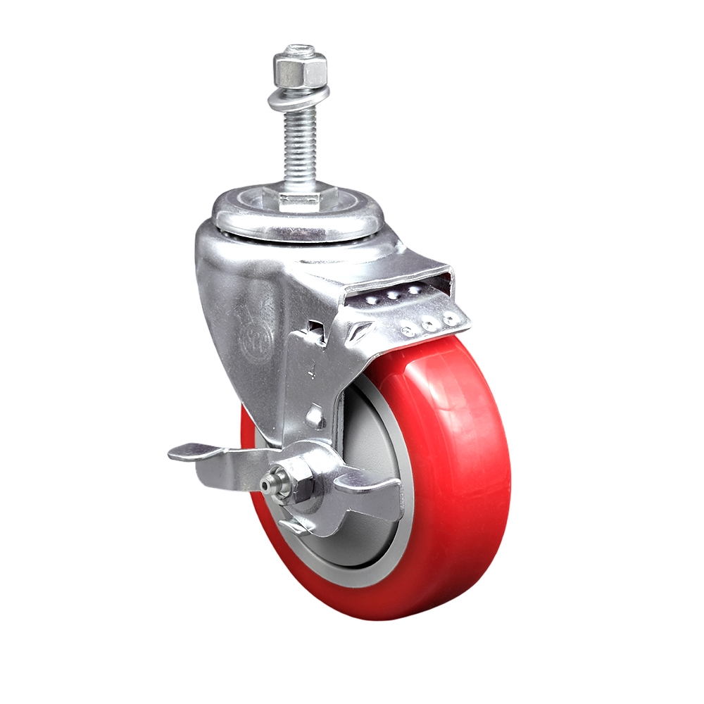 Stainless Steel Polyurethane Swivel Threaded Stem Caster with 4 x 1.25 in. Red Wheel & 0.38 in. Stem & Top Locking Brake
