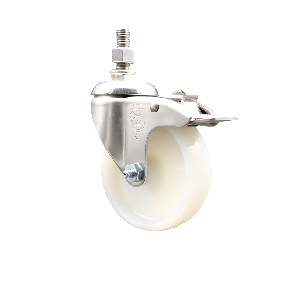 Nylon Swivel Stem Caster with 4 in. White Caster Wheel & Total Lock Brake, 0.5 in. Threaded Stem - 316 Stainless Steel Caster