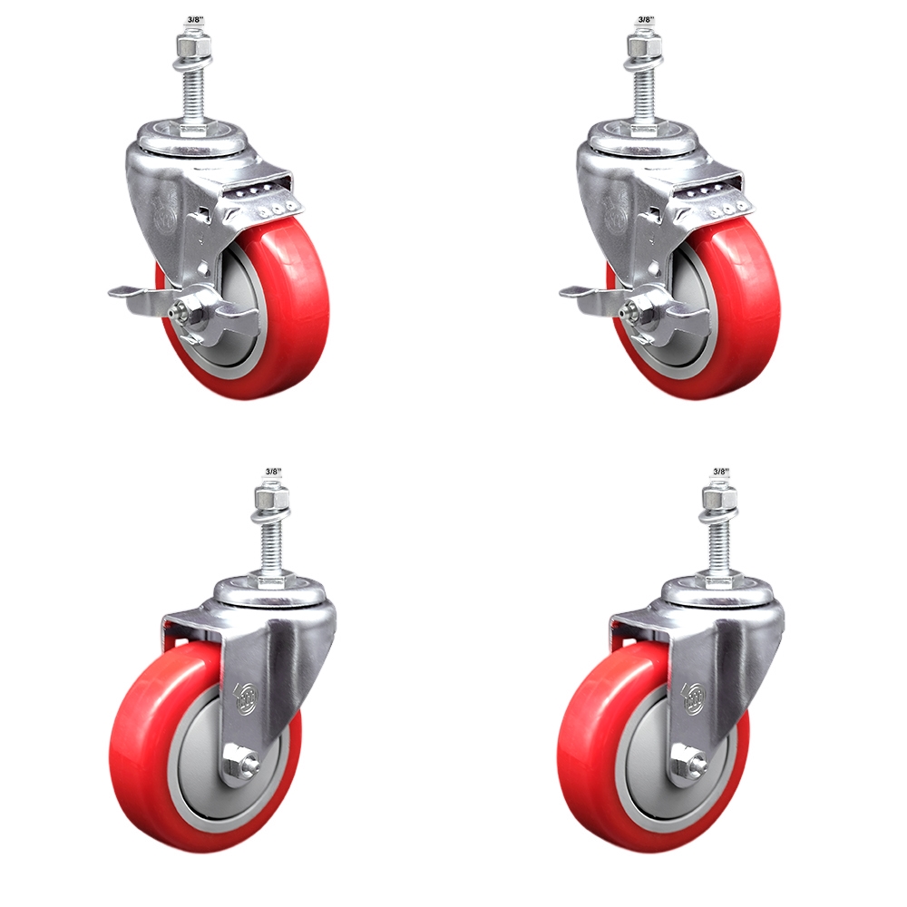 Stainless Steel Polyurethane Swivel Threaded Stem Caster with 4 x 1.25 in. Red Wheels & 0.38 in. Stems - Set of 4