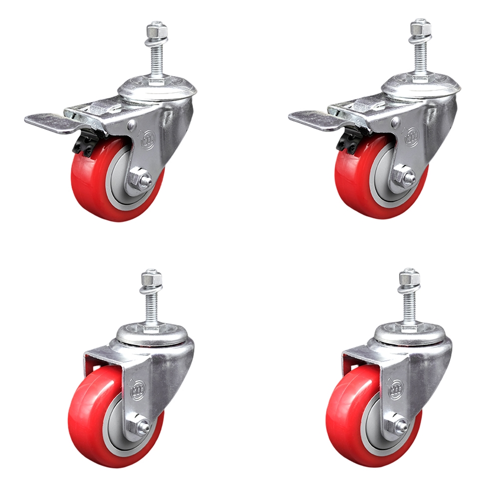SCC-TSTTL20S314-PPUB-RED-M1015-2-S-2 Polyurethane Swivel Threaded Stem Caster with 3 x 1.25 in. Red Wheels & 10 mm Stems - Set of 4