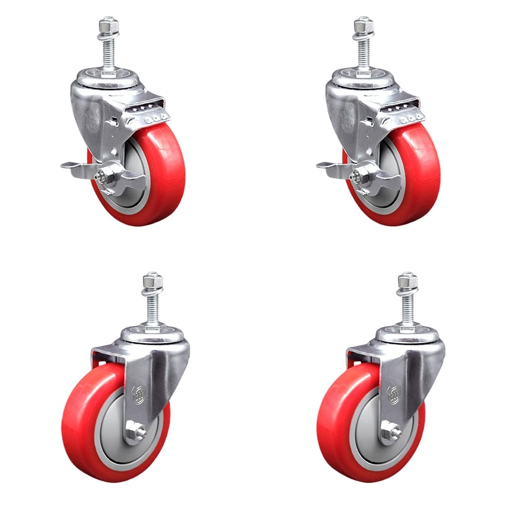 SCC-TS20S414-PPUB-RED-TLB-M1015-2-S-2 Polyurethane Swivel Threaded Stem Caster with 4 x 1.25 in. Red Wheels & 10 mm Stems - Set of 4